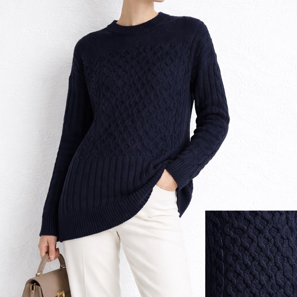 Madewell Wool Blend Cable Knit Tunic Sweater Navy XS Oversized Patchwork